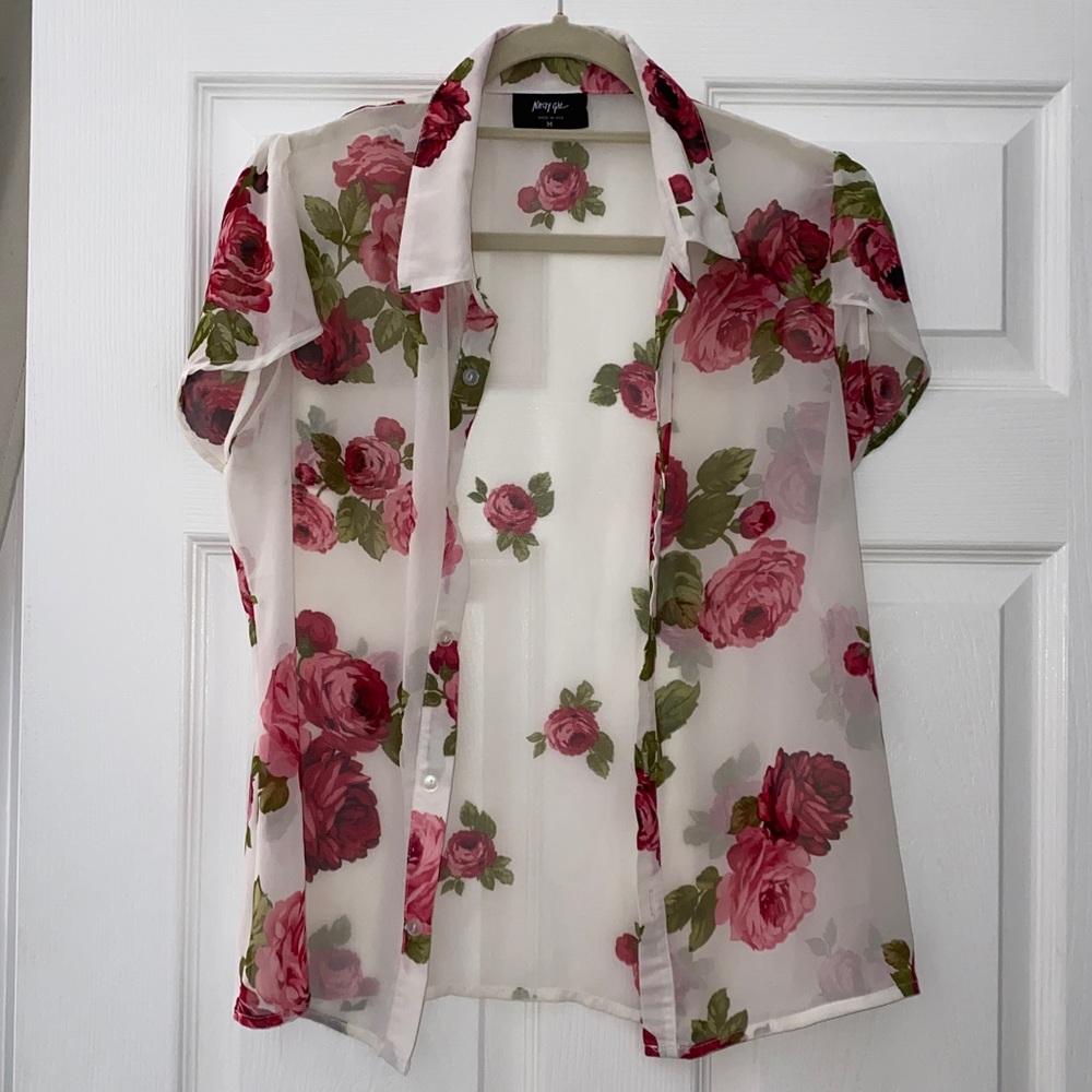 Nasty Gal Sheer Organza Rose Print Blouse with cap sleeve